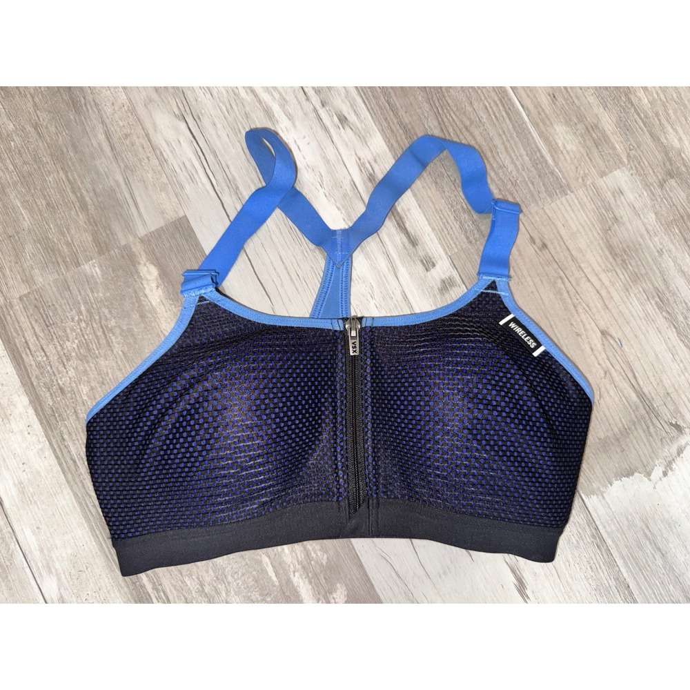 Victoria Sport Sports Bra Womens 32C Blue Black Front Zip Wireless Mesh VSX